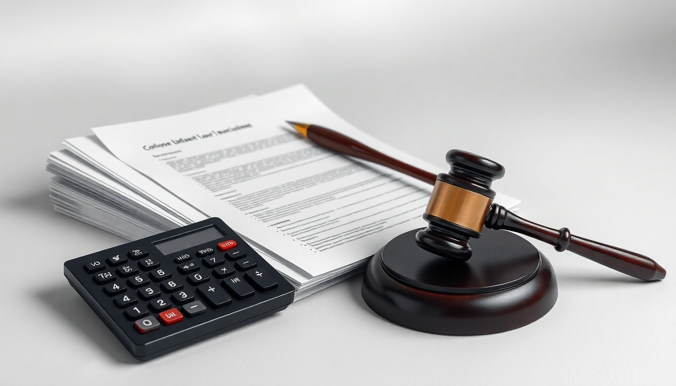 A photorealistic studio still life featuring a stack of legal documents, a calculator, and a gavel arranged on a clean, monochromatic background, symbolizing the corporate legal and financial implications of the class action lawsuit against Corcept Therapeutics.