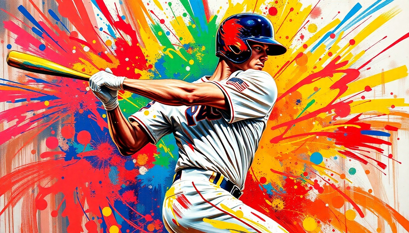 An extreme close-up of a baseball player mid-swing, with vibrant neon brushstrokes capturing the raw power and energy of the moment, the batter's face and uniform details dissolving into abstract splatters of color.