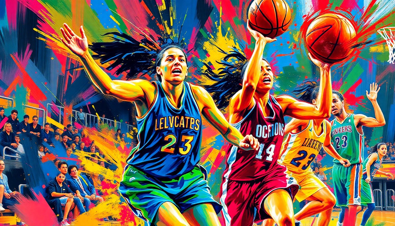 An abstract, expressionist painting featuring vibrant brushstrokes of neon colors that capture the raw energy and fast-paced movement of a women's basketball game, with players' faces and jerseys dissolving into unrecognizable splatters of color.