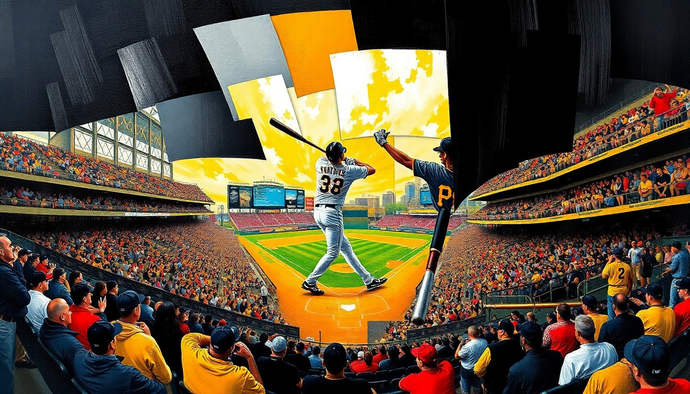 A cubist, geometric painting depicting a baseball player's swing, the crowd at PNC Park, and the stadium's architecture, all broken down into sharp, overlapping planes of color in the Pirates' official team palette.