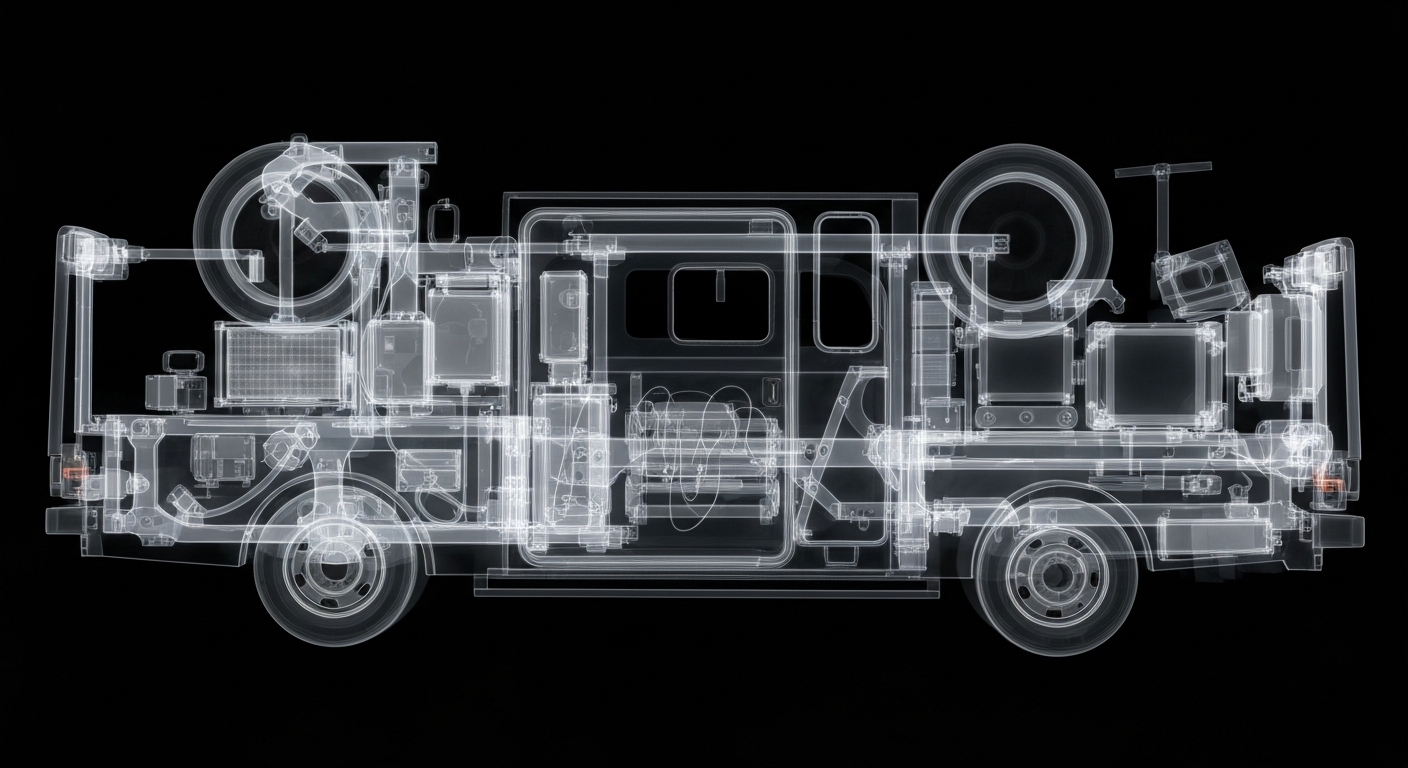 A ghostly, translucent X-ray image revealing the internal structure of an ambulance chassis and medical equipment, conveying the advanced technology and capabilities of the new EMS facility.