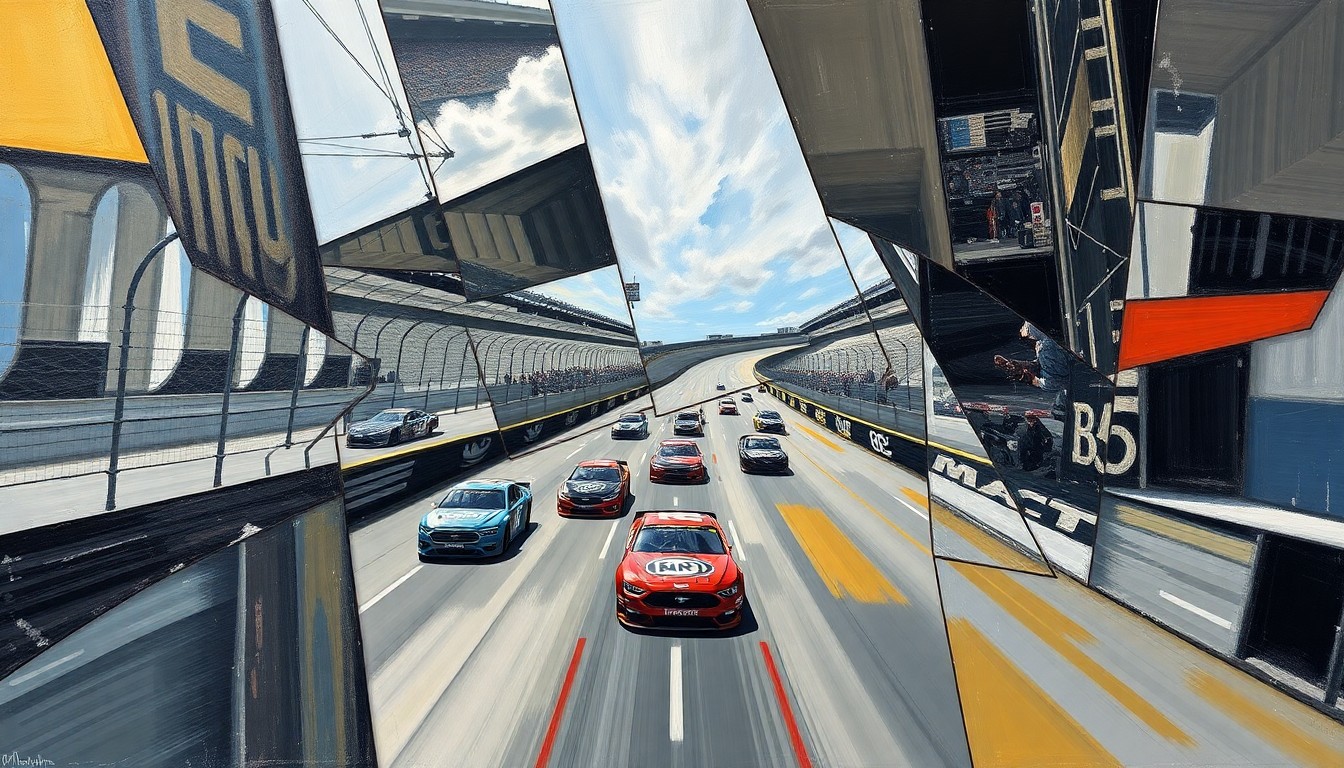 A cubist-style painting depicting a NASCAR Craftsman Truck Series race, with the vehicles and track broken down into sharp, overlapping geometric shapes and planes, capturing the dynamic action and competition of the event.