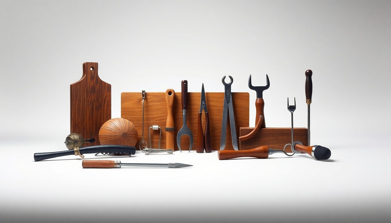 A minimalist, photorealistic studio still life featuring a collection of polished farrier tools and supplies, including horseshoes, hoof picks, and other essential equipment, arranged elegantly on a clean, monochromatic background to convey the quality and craftsmanship of Sunrise Farrier Supply's offerings.