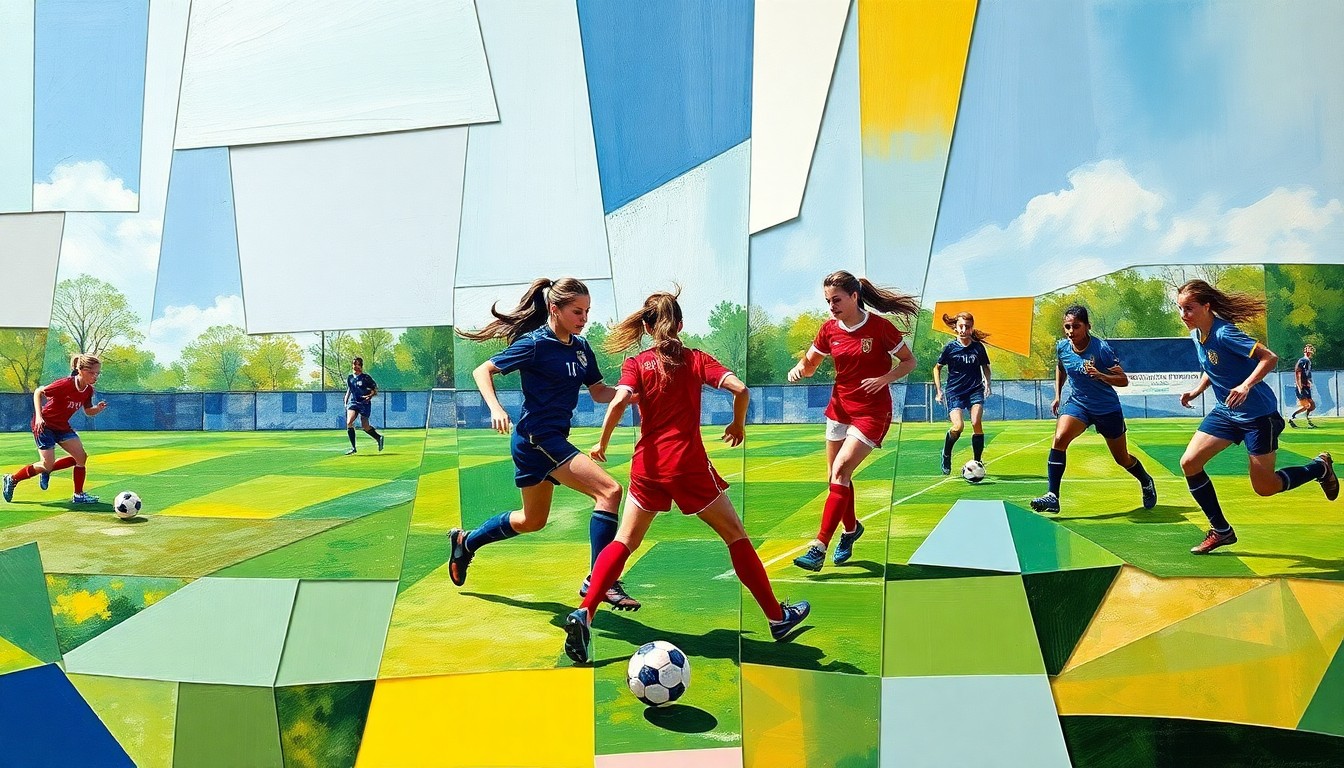 A vibrant, cubist-style painting depicting a high school girls soccer match broken down into fragmented geometric shapes and planes of color, capturing the intensity and unpredictability of the game.