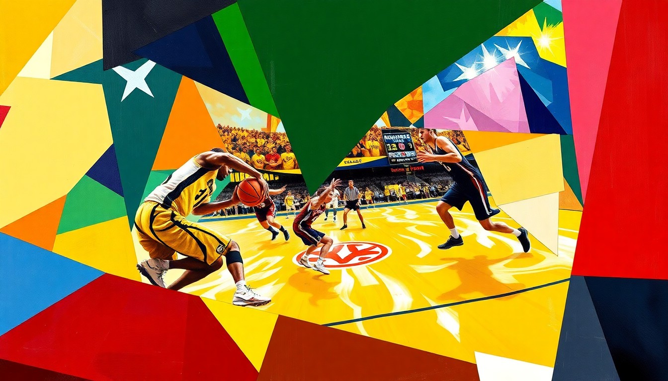 A dynamic, fragmented painting depicting the intense action and competition of a high school sports match, with sharp geometric shapes and planes in the official team colors of the competing schools.