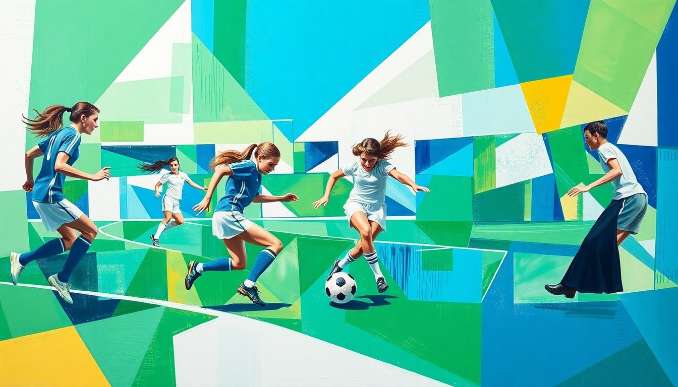 A cubist, geometric painting depicting a girls' soccer match, with overlapping planes of green, blue, and white shapes representing the players, field, and action on the pitch.