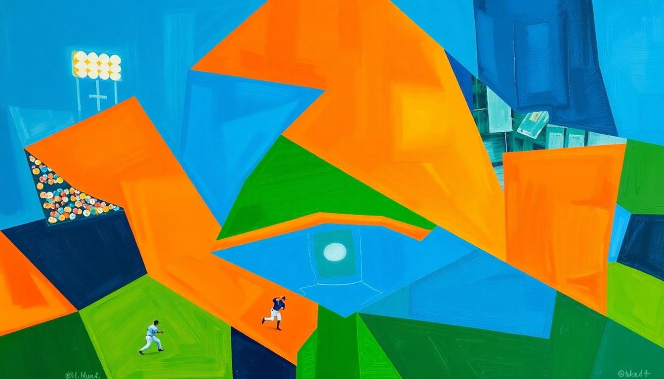 An abstract, cubist-style painting depicting a baseball game, with the players and field broken down into sharp, overlapping geometric shapes and planes of bright blue, orange, and green, capturing the intensity and movement of the game.