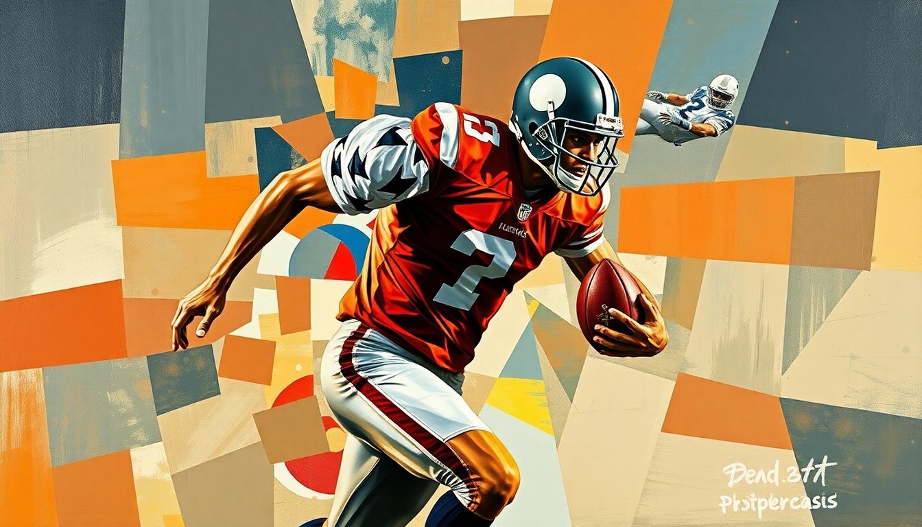 A cubist, geometric painting depicting a football player in motion, with their uniform and equipment broken down into abstract shapes and planes, capturing the dynamic energy of the sport.