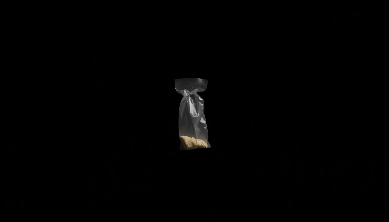 An extreme close-up photograph of a small plastic bag or drug paraphernalia item against a pitch-black background, lit by a harsh, direct camera flash, conceptually illustrating the dangers of fentanyl in correctional facilities.