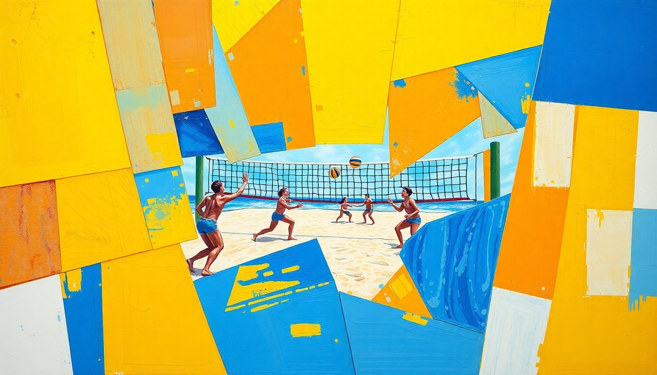 A cubist-style painting featuring sharp, overlapping geometric shapes in bright blue, yellow, and orange colors, capturing the dynamic movement and energy of a beach volleyball match.