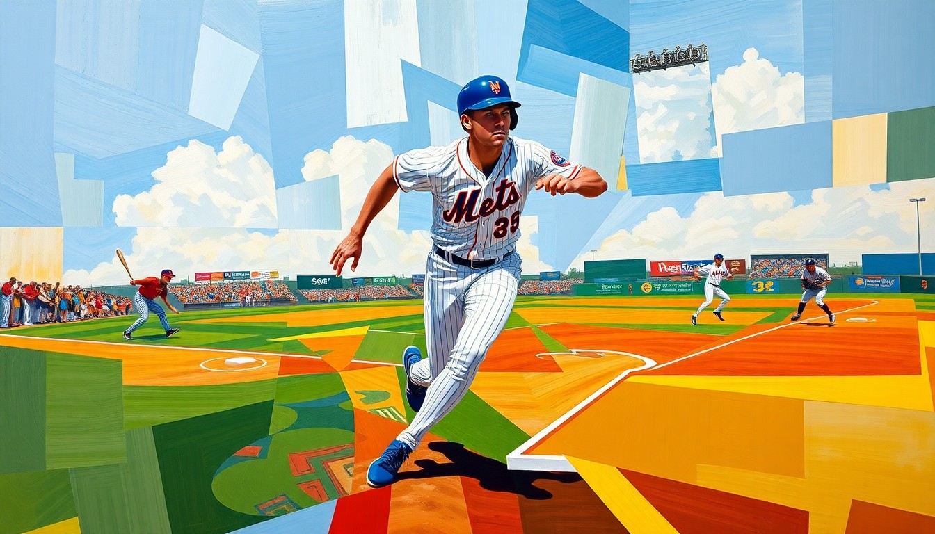 A fragmented, geometric painting depicting a baseball player running the bases, with the sharp planes and vibrant colors representing the dynamic energy of the sport.