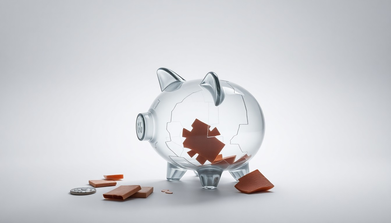A photorealistic studio still-life image featuring a shattered glass piggy bank on a clean, monochromatic background, symbolizing the financial uncertainty and job losses impacting the local community due to corporate restructuring.