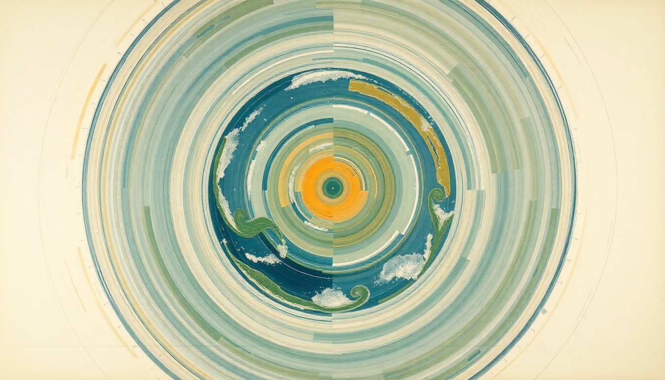 A highly structured abstract painting in soft, earthy tones of blue, green, and ochre, depicting the Earth as a delicate, interconnected system suspended in the vastness of space, with sweeping geometric arcs and precise botanical spirals conveying the structural order and fragility of our planet.