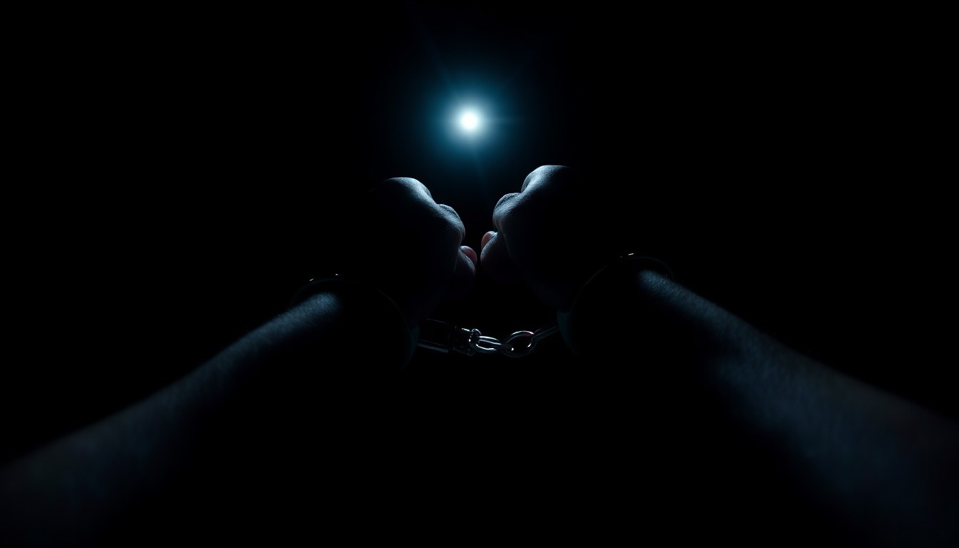 An extreme close-up photograph of a pair of handcuffed hands against a stark, black background, capturing the gritty, investigative nature of this crime-related story.