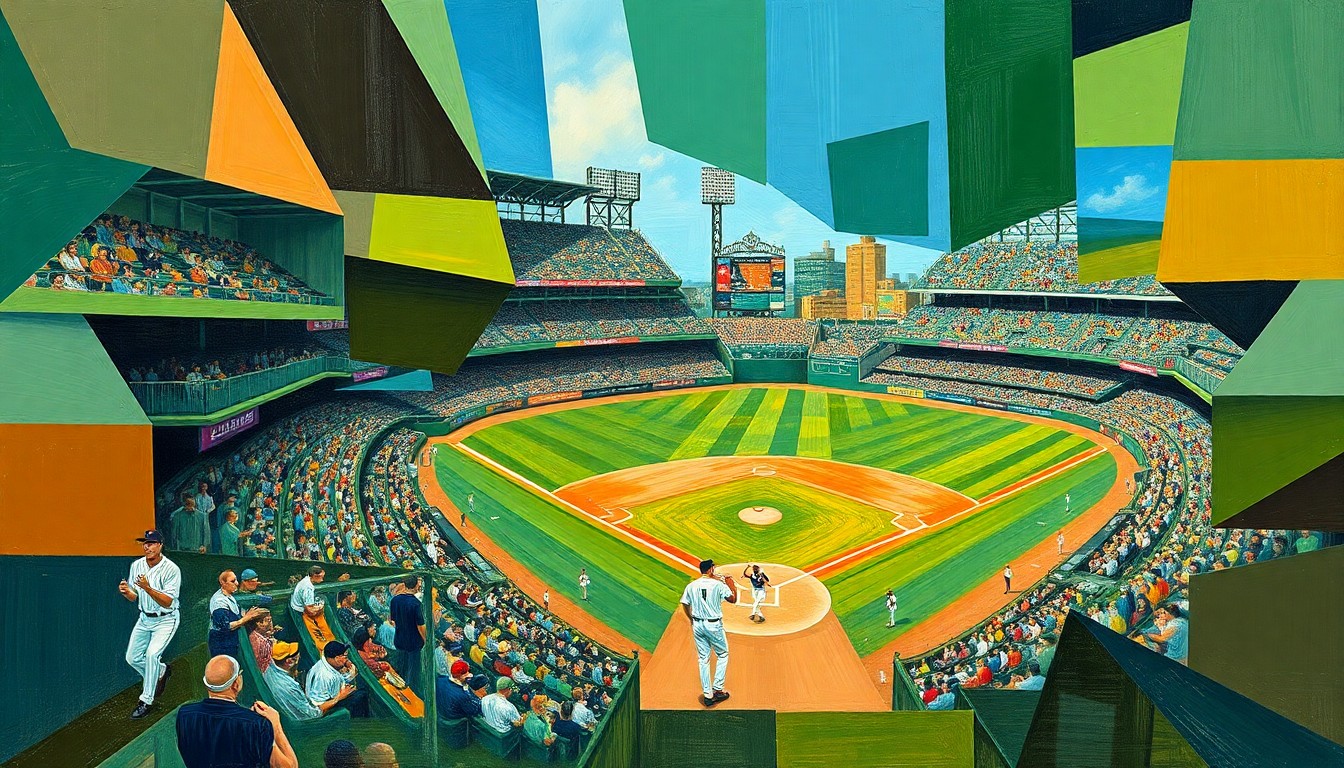 A fragmented, geometric painting depicting a baseball game, with sharp planes of color representing the players, field, and action.