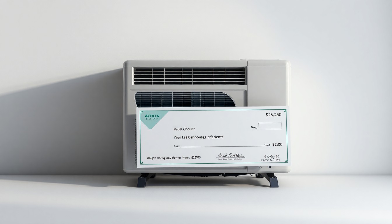 A photorealistic studio still-life image featuring a modern air conditioning unit and a large rebate check, symbolizing the financial and environmental benefits of energy-efficient upgrades for public facilities.