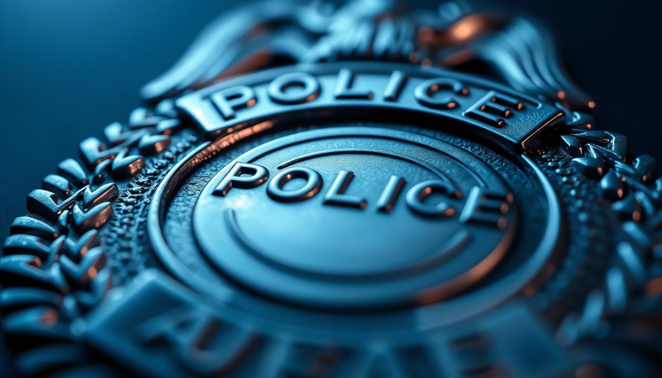 An extreme close-up of a police badge, with the metal surface reflecting light and casting dramatic shadows, conveying a sense of authority and transition.