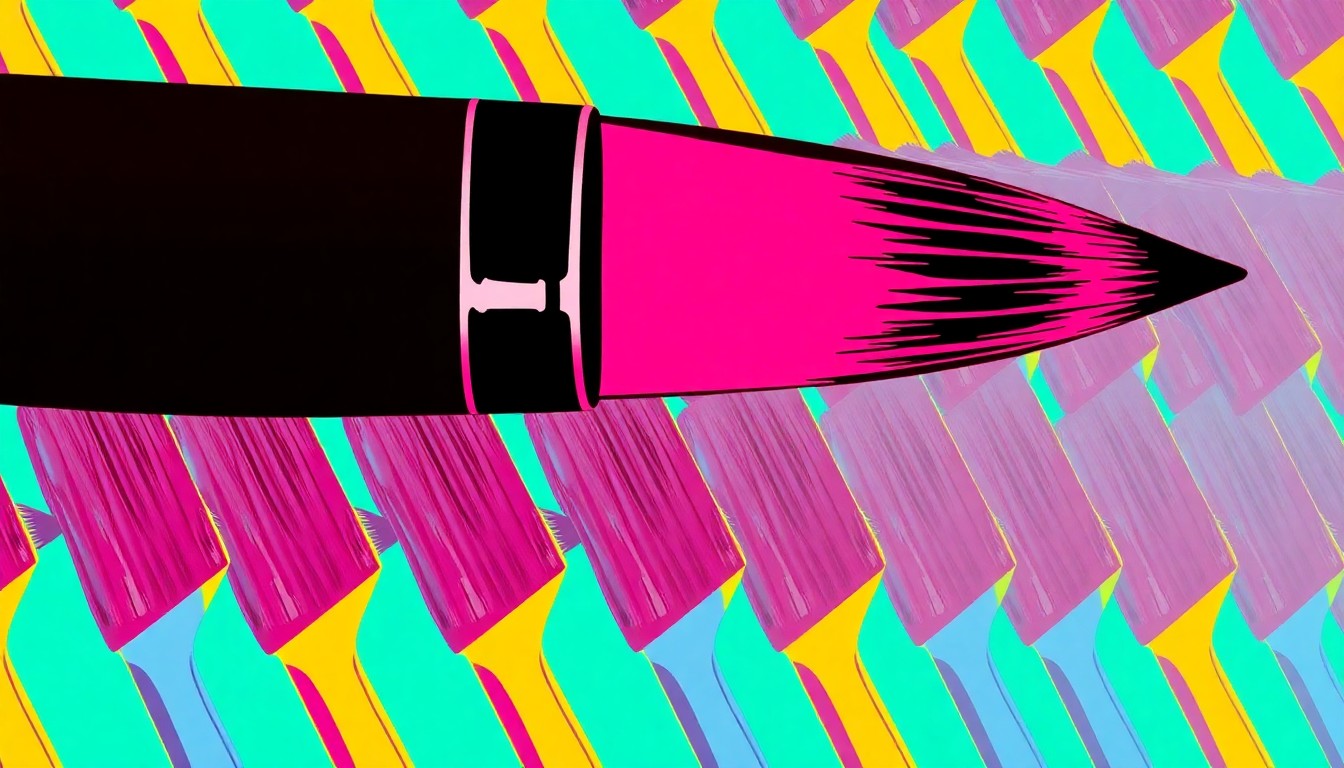 A highly stylized, brightly colored silkscreen print depicting a single artist's paintbrush repeated in a tight grid pattern, conceptually representing the connection between personal hardship and artistic expression.