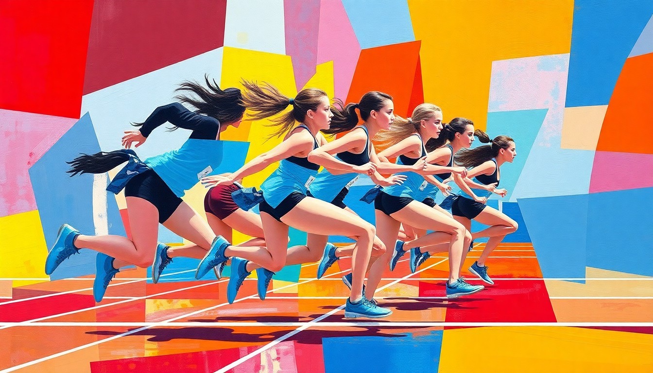 A fragmented, geometric painting depicting the dynamic motion and energy of a high school girls' track relay race, with overlapping planes of bright red, blue, and yellow colors.