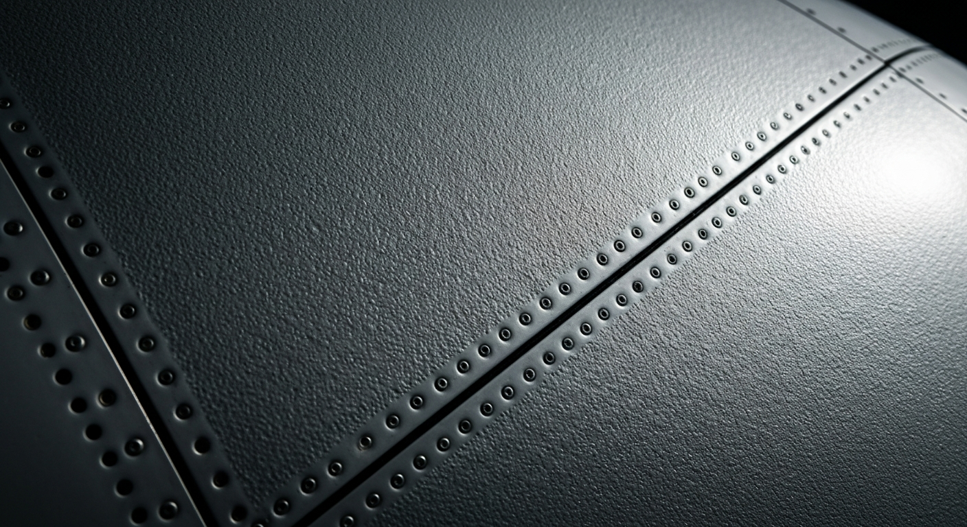 Ekstremna fotografija izbliza teksturirane, šljunčane površine panela trupa zrakoplova, koja prikazuje sirovine i inženjerstvo modernog zrakoplovstva u dramatičnom osvjetljenju.