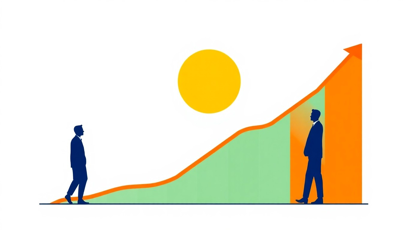 A dynamic composition of overlapping triangles and circles in shades of blue, red, and yellow, conceptually representing the positive employment data and economic trends.
