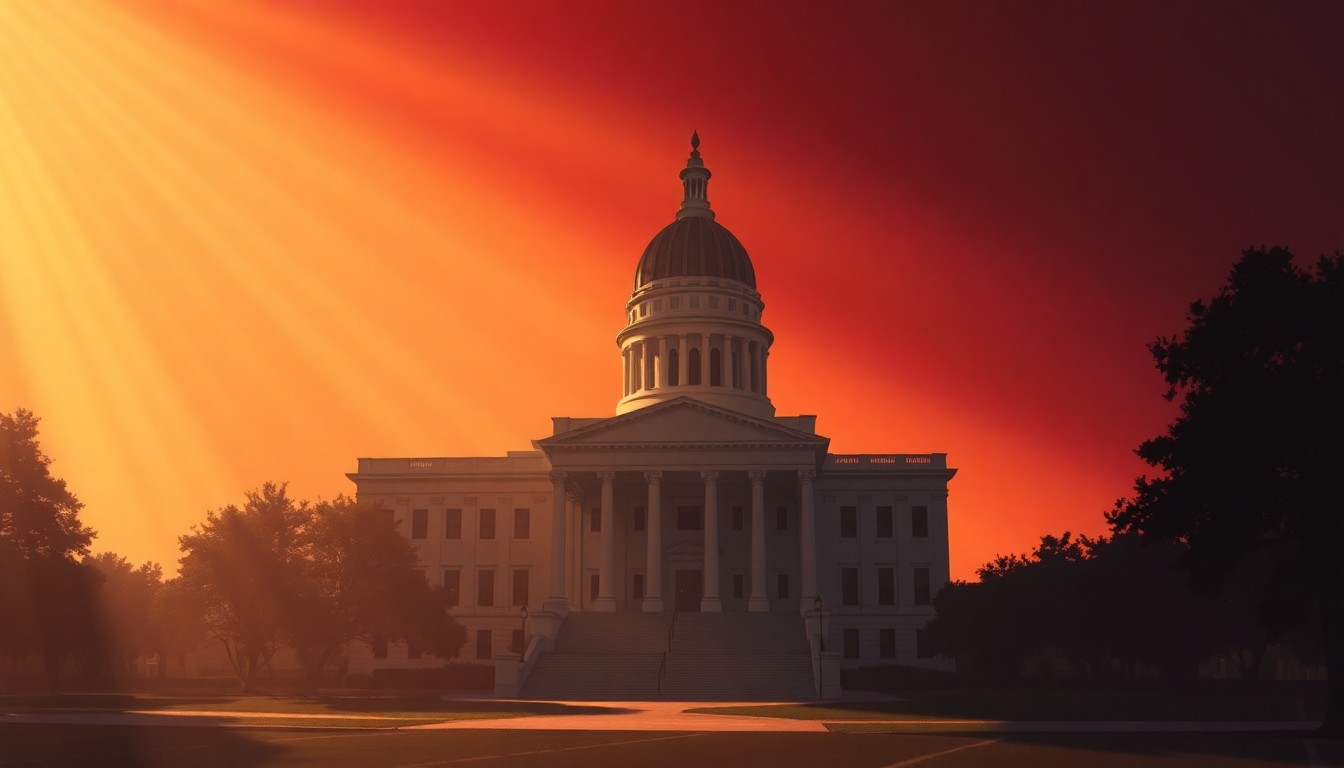 A serene, cinematic painting of the Alabama State Capitol building, its grand architecture and columns rendered in warm, muted tones with deep shadows, conveying a sense of political transition and change.