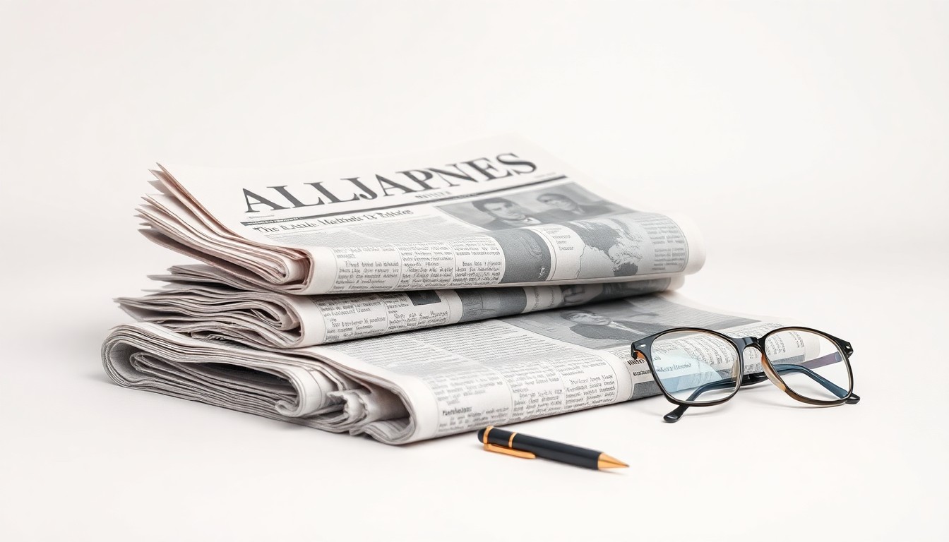 A photorealistic studio still life featuring a stack of newspapers, a pen, and a pair of reading glasses arranged on a clean, white background, symbolizing the changing dynamics of the local newspaper industry.