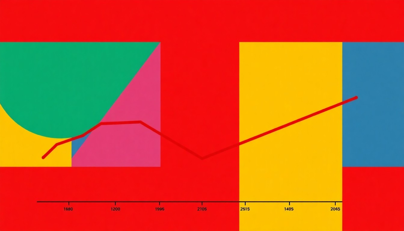 A vibrant abstract illustration composed of overlapping triangles and rectangles in shades of blue, green, and red, conveying the declining trend in jobless claims through a minimalist geometric design.