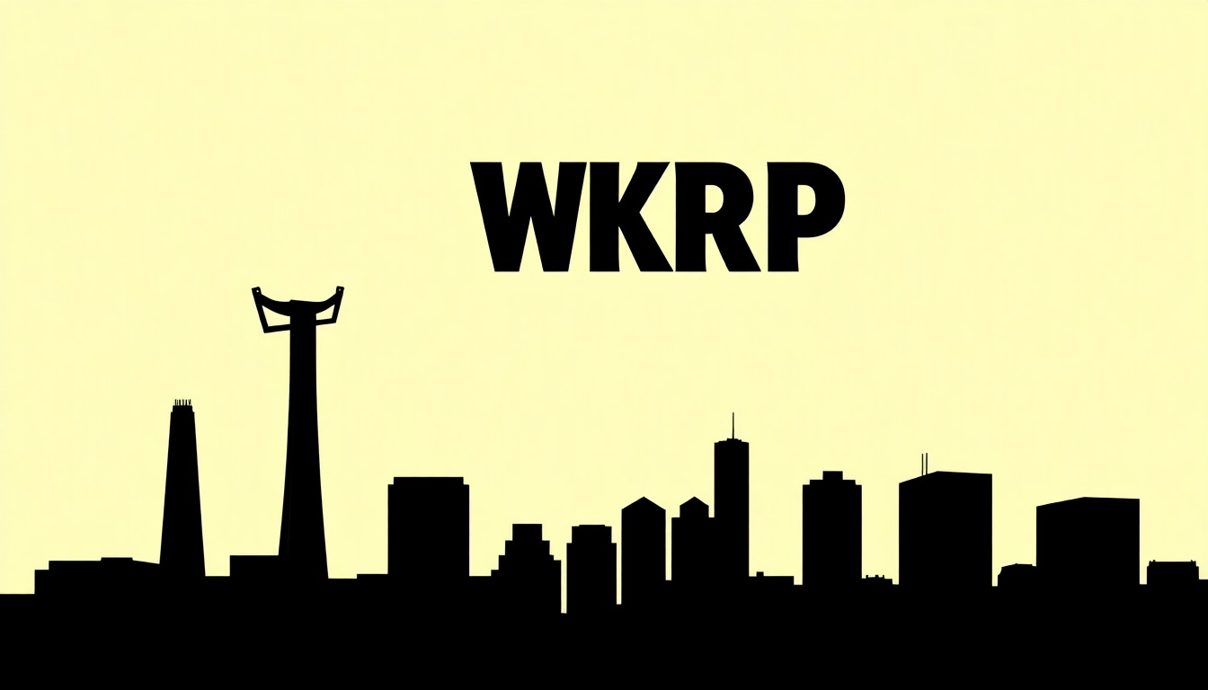 A minimalist, abstract poster design featuring bold black silhouettes of the WKRP radio station logo and the Cincinnati skyline against a bright, high-contrast background, conceptually representing the revival of the classic sitcom.