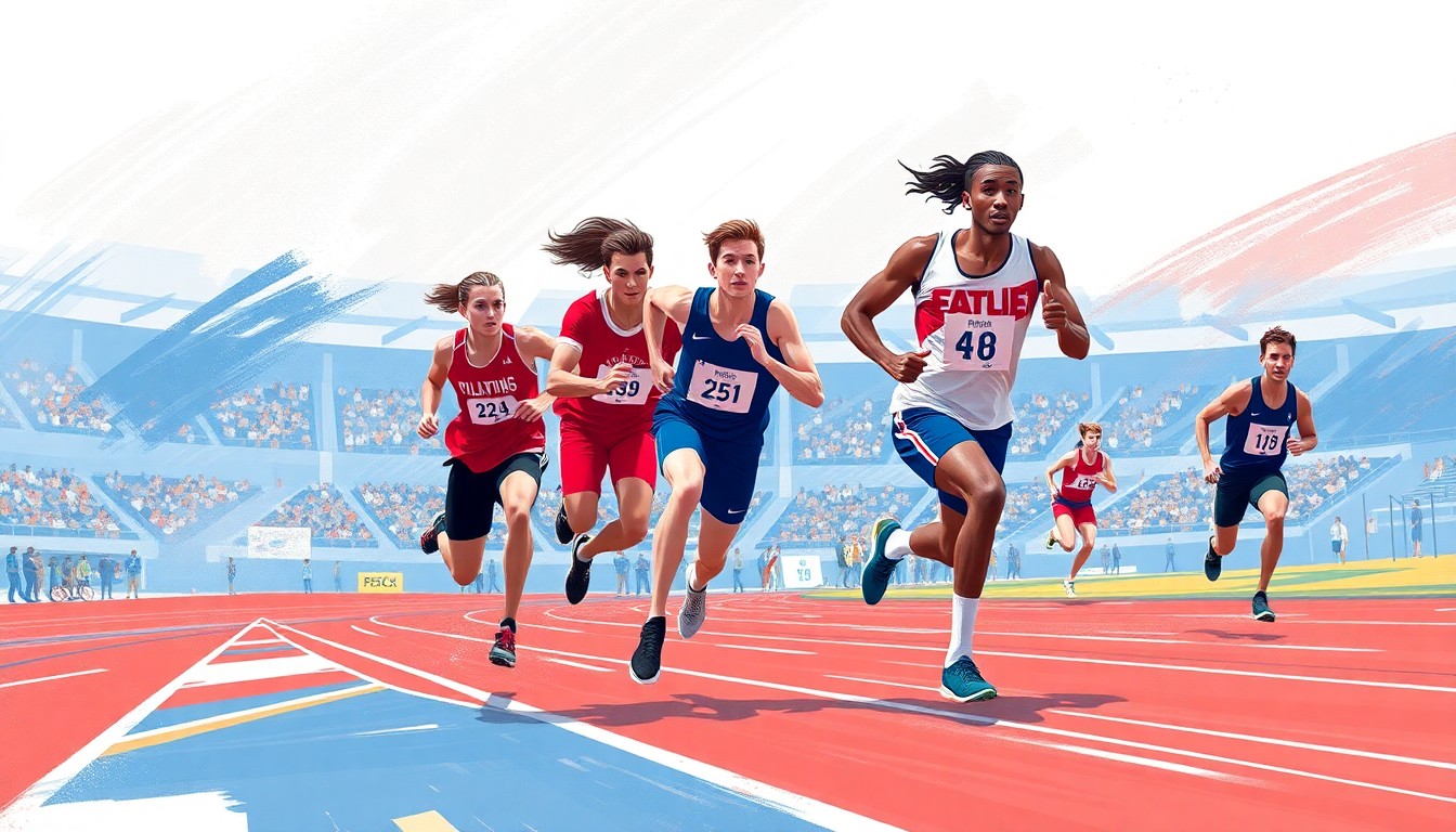A dynamic, abstract painting using bold, expressive brushstrokes in a vibrant color palette to capture the energy and competitive spirit of a college track and field meet.