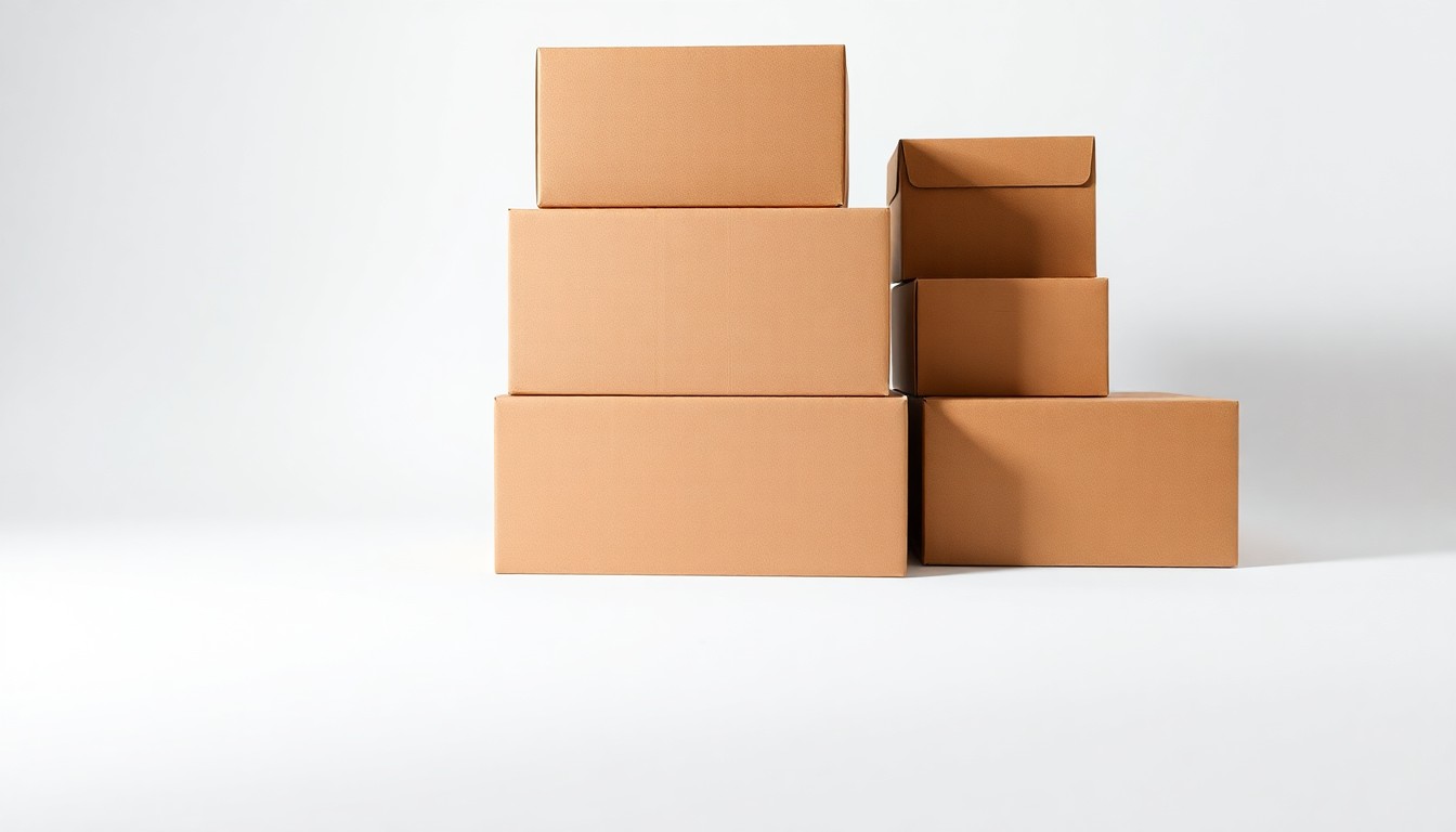 A high-end, photorealistic studio still-life photograph featuring a stack of premium cardboard shipping boxes in various shades of brown, arranged elegantly on a clean, white seamless background, conceptually representing the changing nature of retail logistics.