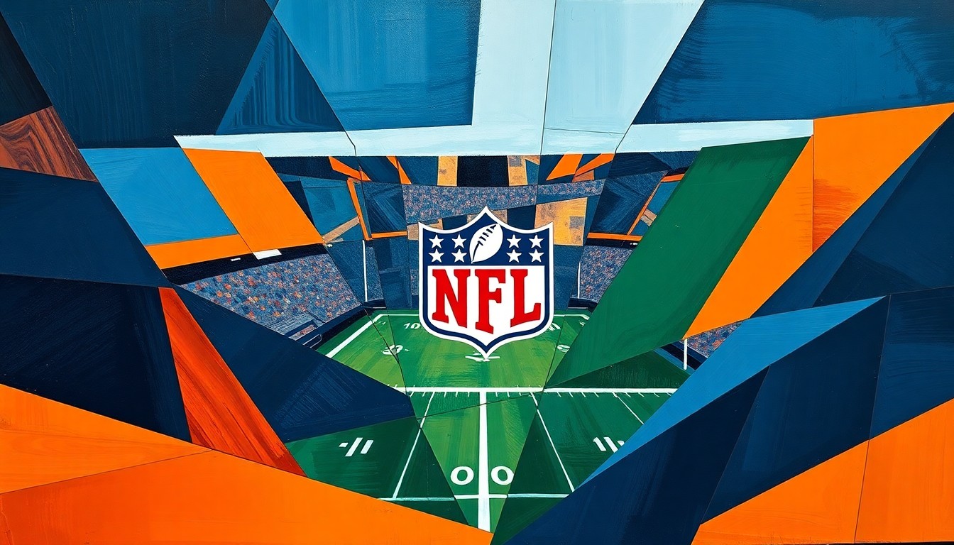 A cubist, geometric painting depicting fragmented and overlapping shapes in navy, orange, and green, conceptually representing the complex dynamics of the NFL's Rooney Rule and draft selection process.