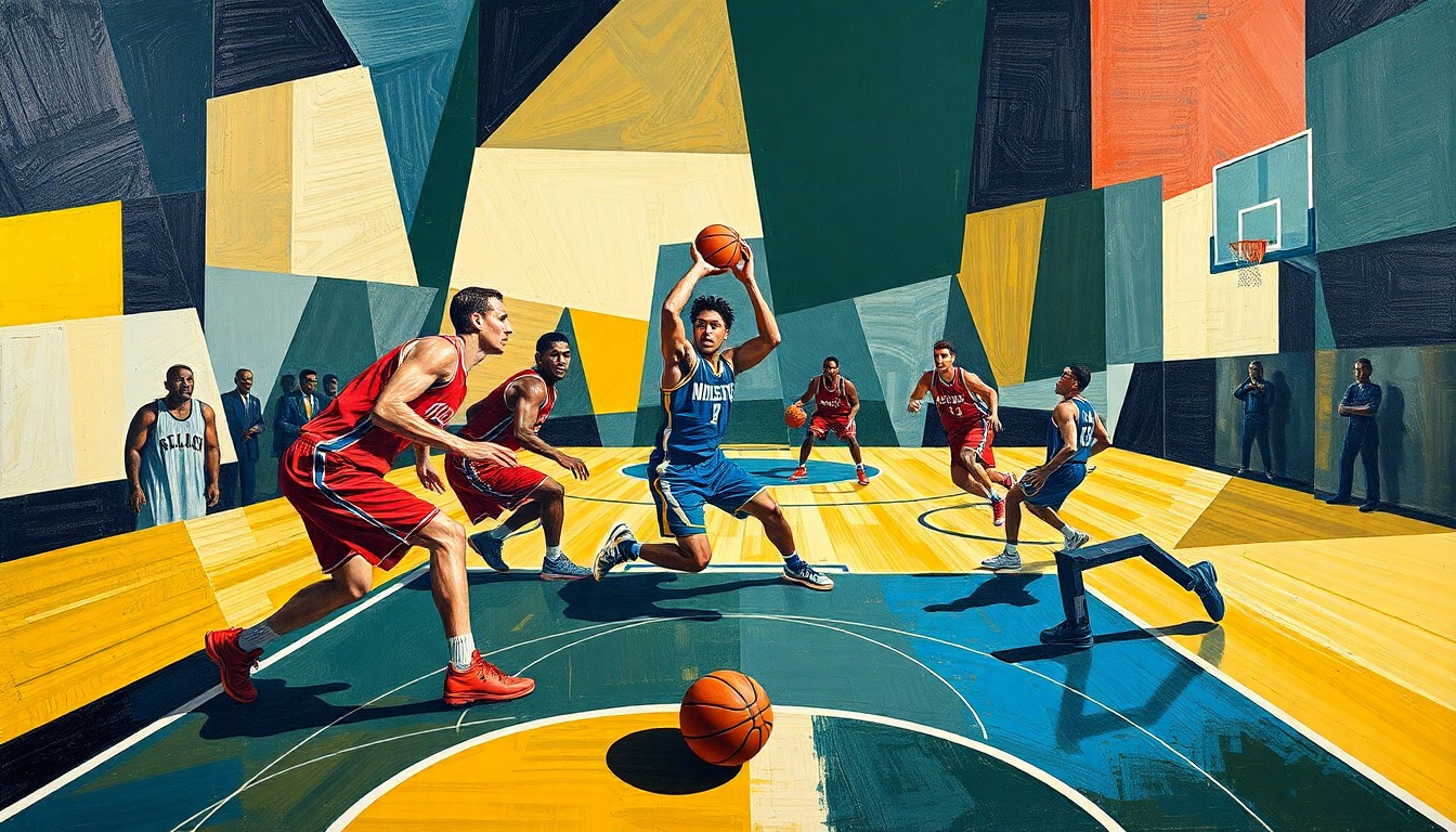 A cubist-style painting featuring overlapping geometric shapes and planes that abstractly represent a basketball game, conveying the dynamic energy and one-sided nature of the Bulls' loss to the Knicks.