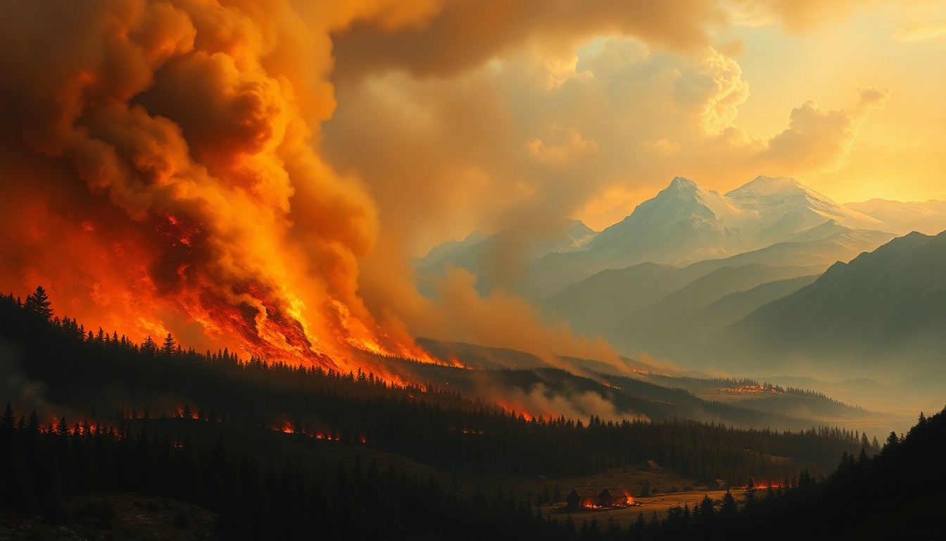 A sweeping landscape painting in muted earth tones, with a massive wildfire consuming a dense forest in the foreground, the smoke and flames obscuring the distant mountains, conveying the sublime scale and power of the natural disaster.