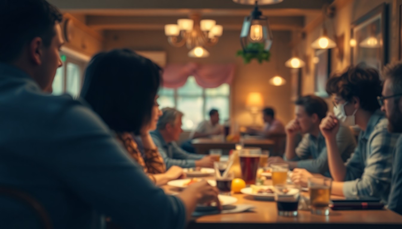 An abstract, out-of-focus scene of people gathered around a table in a warm, cozy restaurant setting, conveying a sense of community and spiritual reflection.