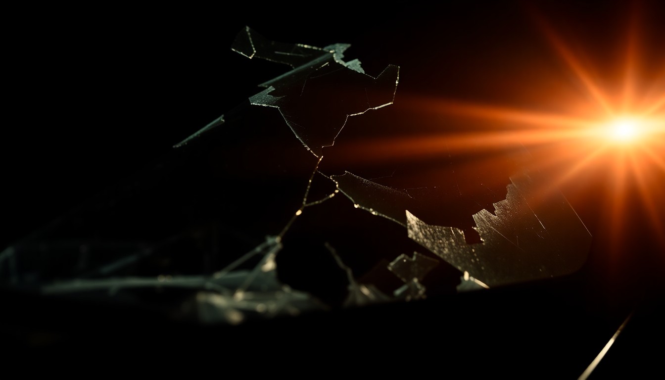 An extreme close-up photograph of a shattered car window or damaged vehicle part, capturing the harsh, gritty aftermath of a high-speed crash during a police pursuit.