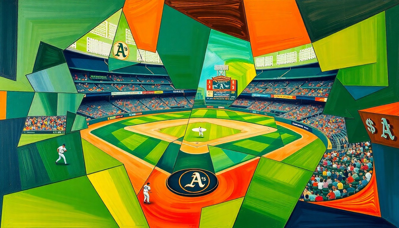 A cubist, geometric painting depicting a baseball game in motion, with overlapping shapes and planes of vibrant colors representing the dynamic action on the field.