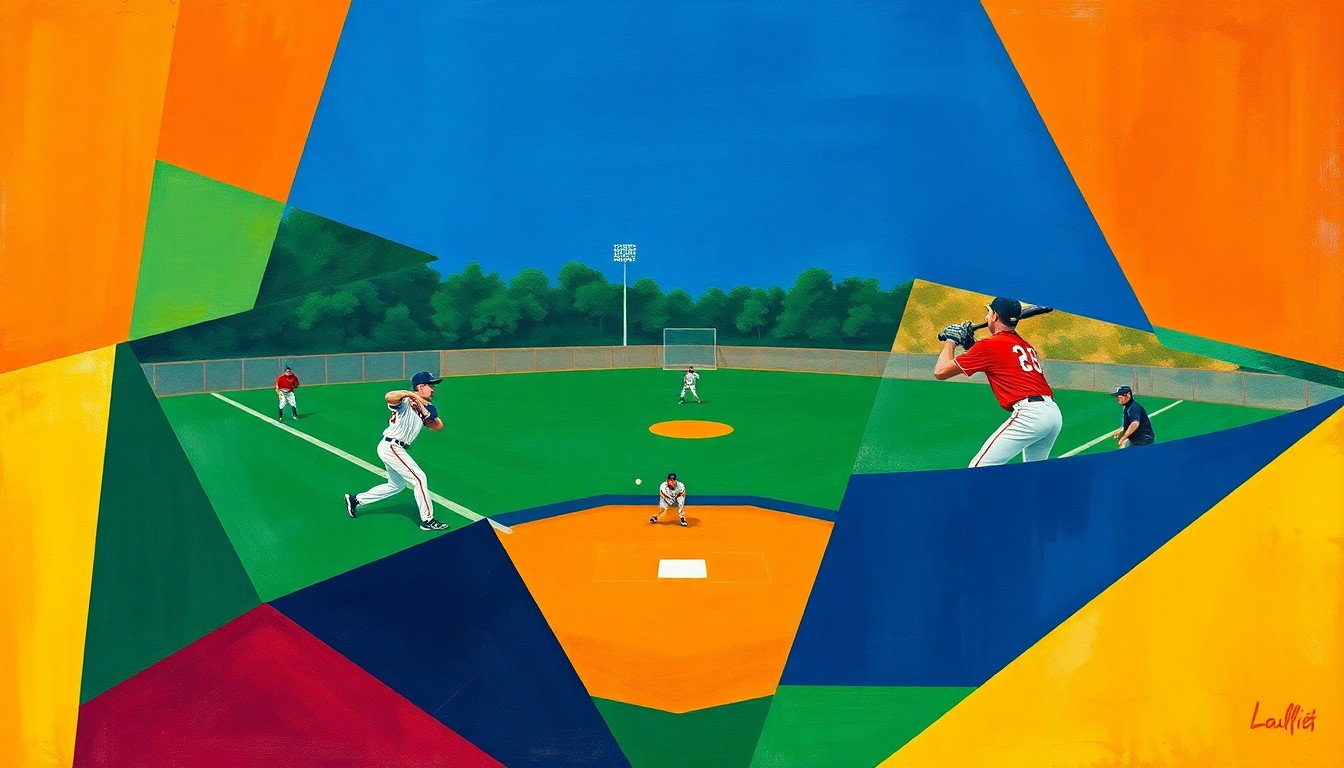 A fractured, geometric painting depicting a softball game, with the players, field, and action broken down into sharp, overlapping planes of navy, green, and orange.