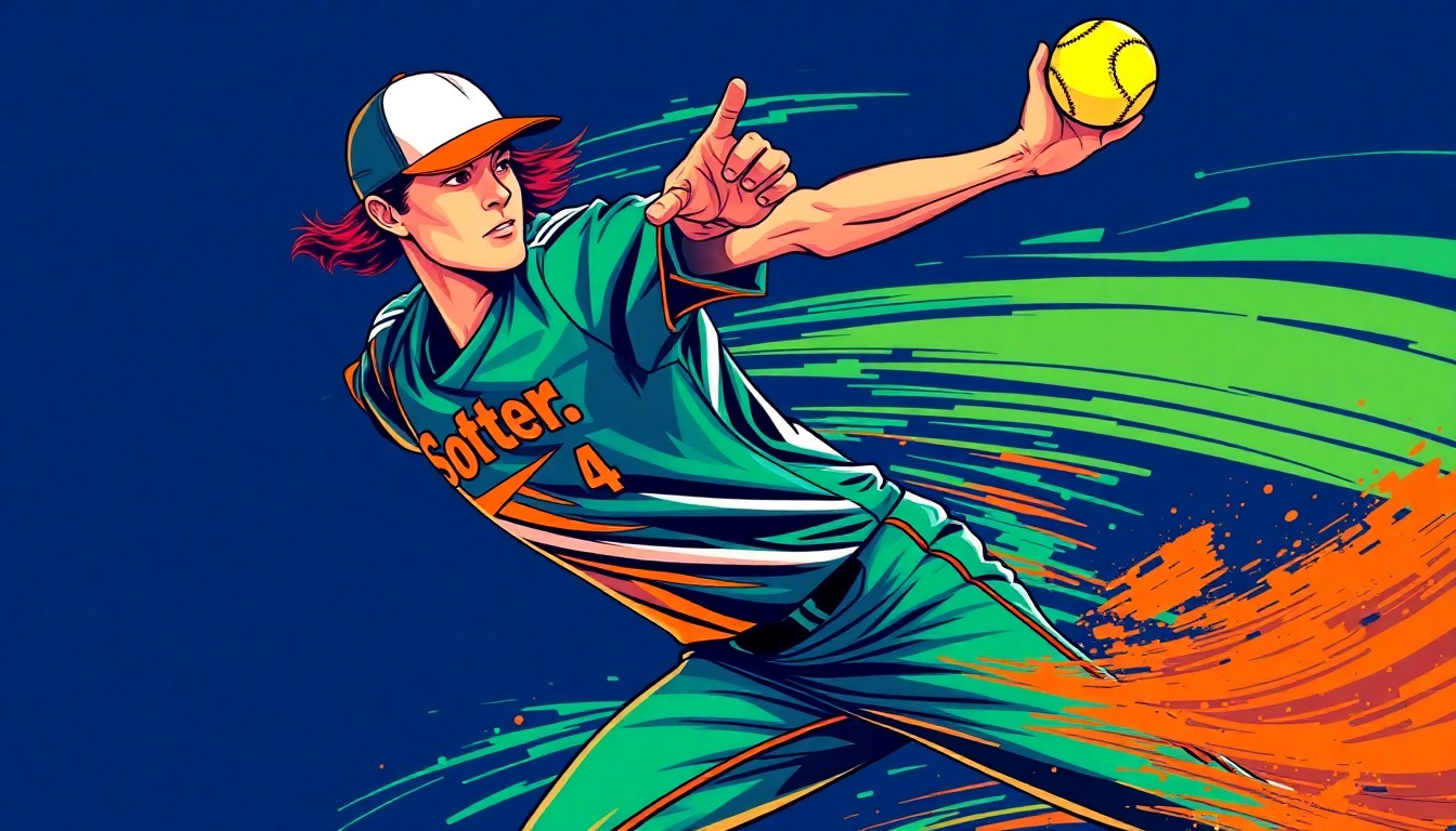 A dynamic, colorful illustration of a softball pitcher in mid-throw, capturing the raw energy and athleticism of the sport.