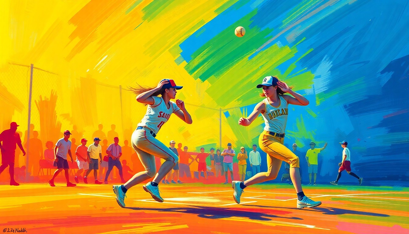 An abstract, textured painting in bright neon colors, with sweeping brushstrokes that evoke the dynamic movements and intensity of a high school softball game.