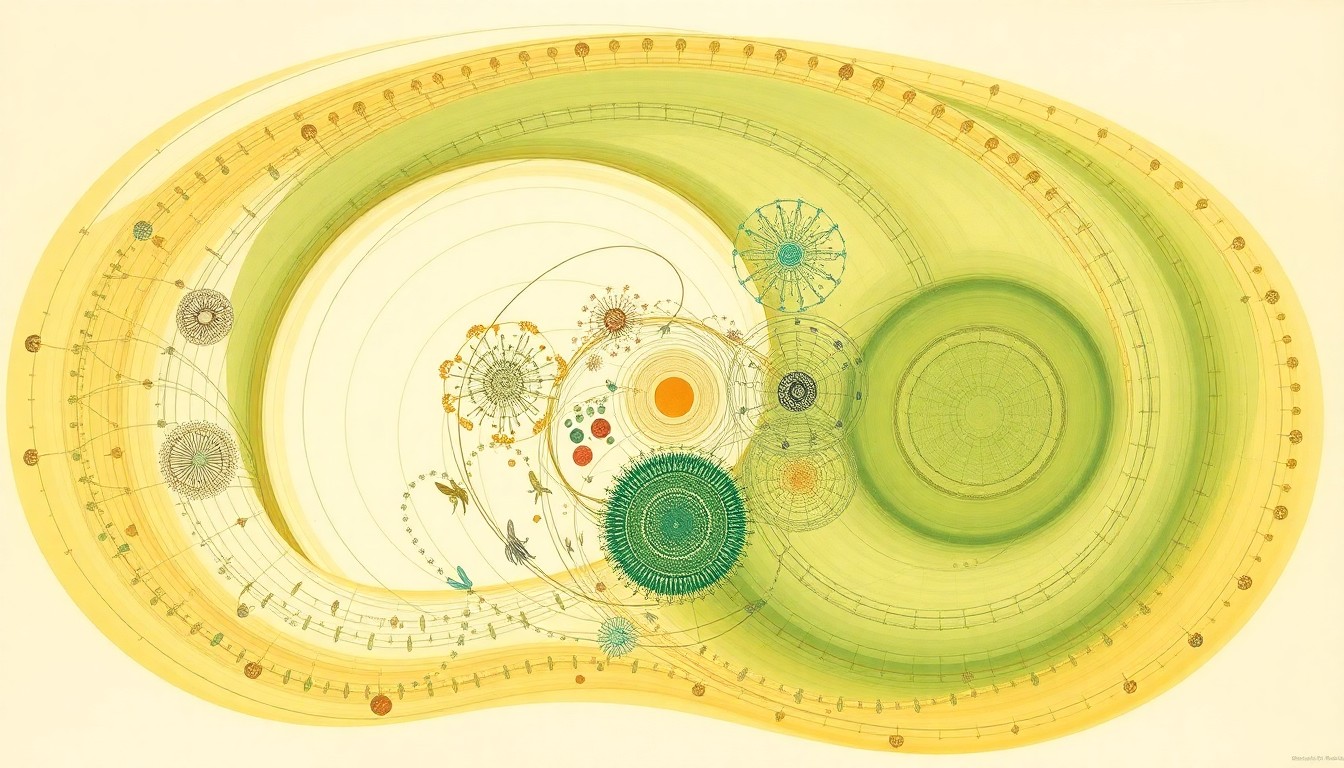 A highly textured, abstract painting in earthy tones of green, yellow, and brown, featuring sweeping geometric arcs, concentric circular patterns, and precise botanical spirals. The composition evokes the complex web of life found in a healthy grassland habitat.