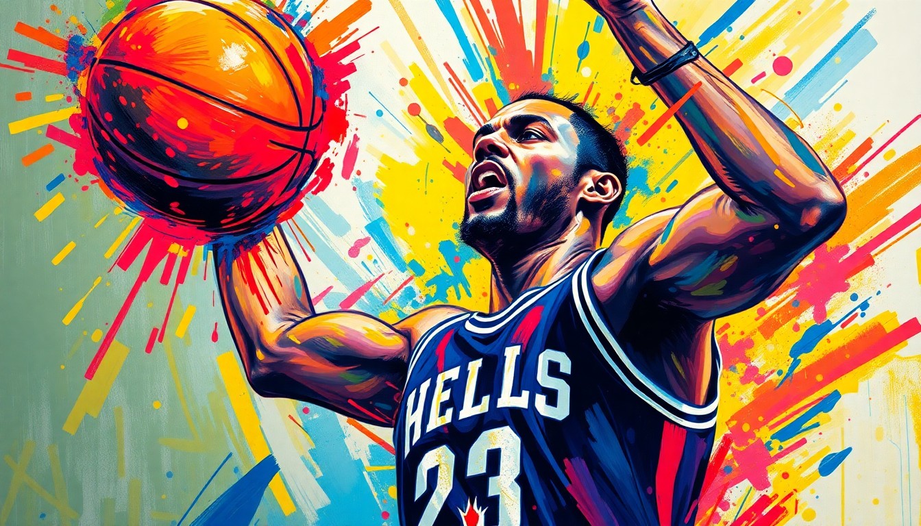 An extreme close-up of a basketball player mid-jump, their form and movement captured in a blur of vibrant, expressive brushstrokes in neon colors, conveying the raw energy and excitement of a clutch play.