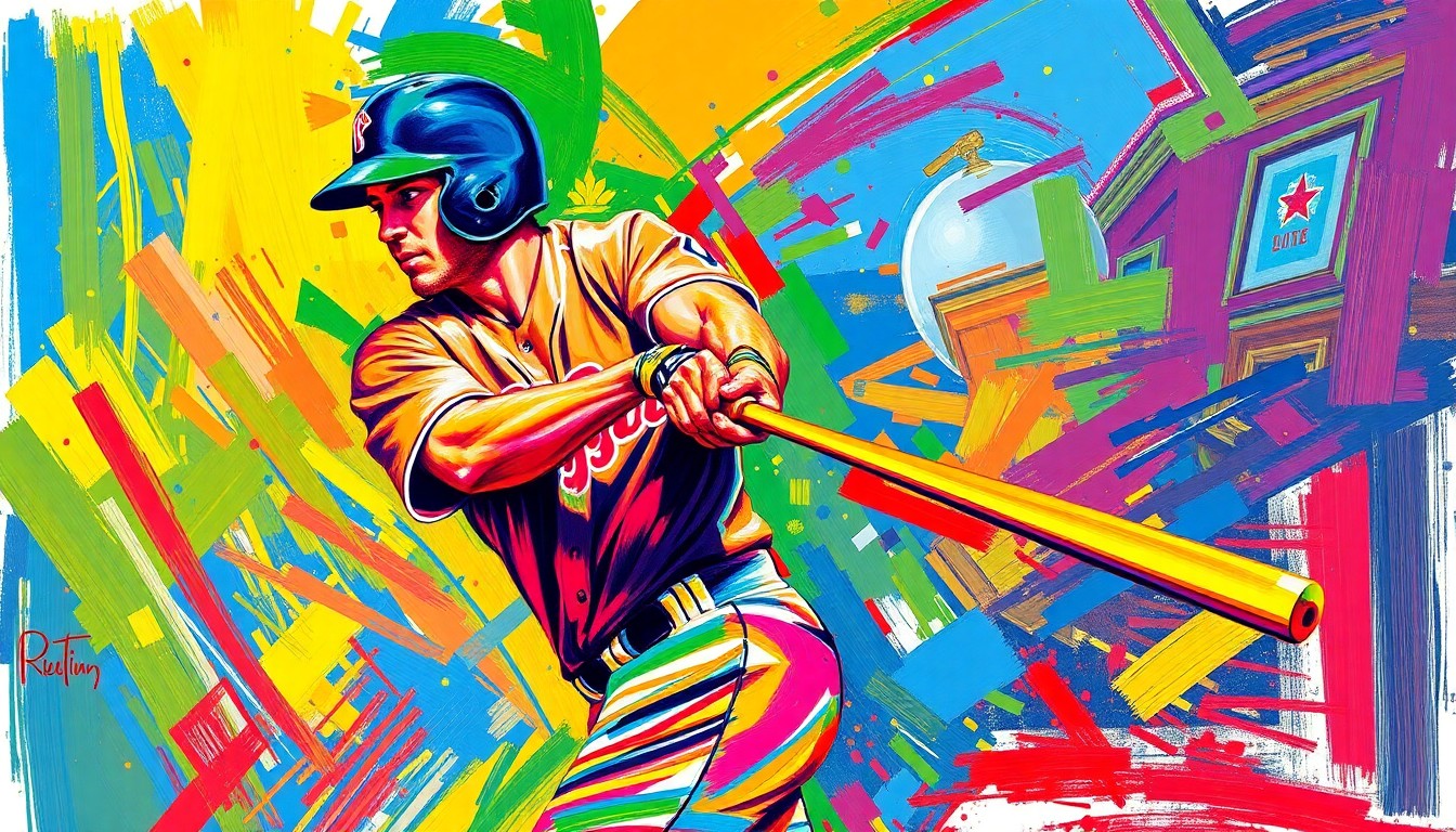 An abstract expressionist painting in vibrant neon colors, with rapid brushstrokes capturing the powerful motion of a baseball player swinging the bat.