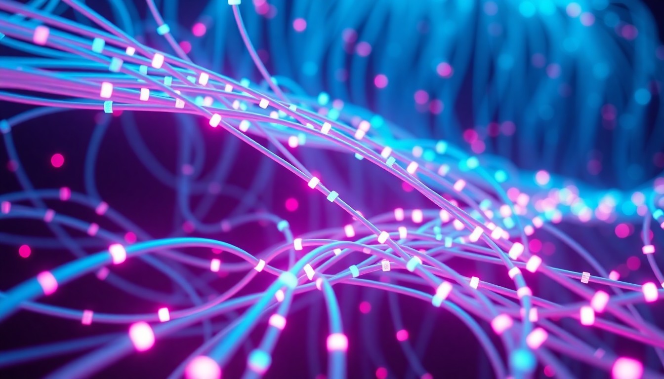 A highly detailed, glowing 3D illustration of fiber-optic cables and network nodes in shades of cyan and magenta, conceptually representing the physical digital infrastructure being built to expand broadband access in South Haven.