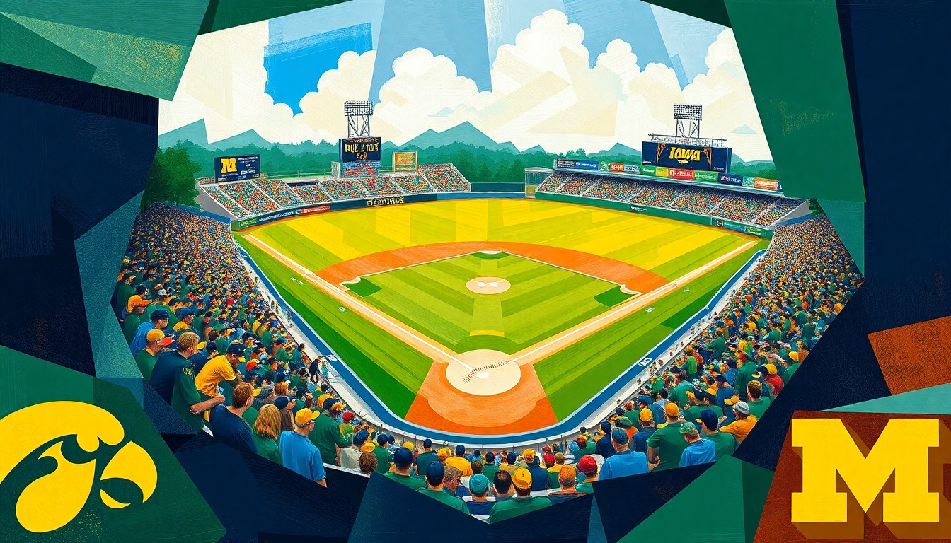 A cubist, geometric painting depicting a fragmented college baseball game, with sharp overlapping planes of navy, green, and gold representing the teams' colors.
