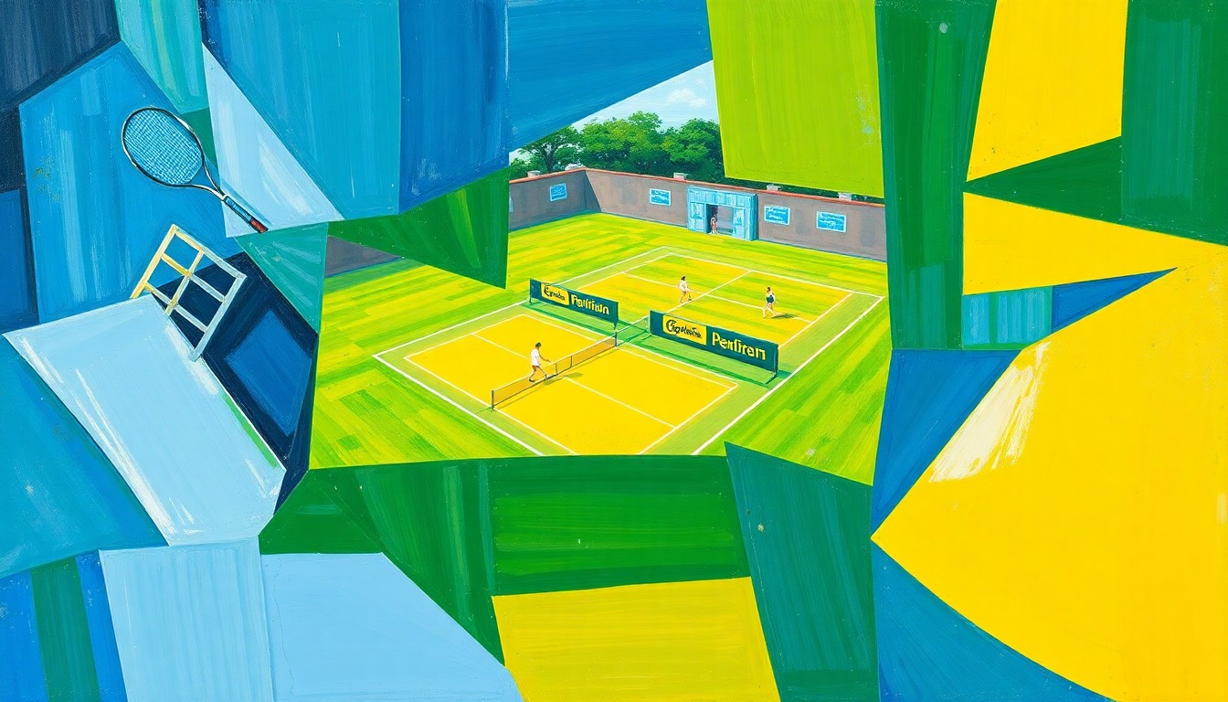 A fragmented, geometric painting depicting a tennis match, with sharp planes of blue, green, and yellow overlapping to capture the dynamic movement and competition of the sport.