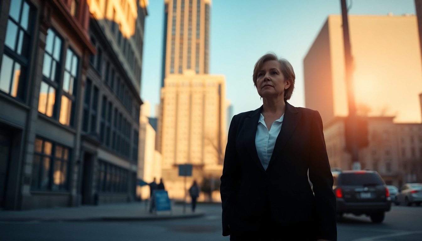 A solitary figure of a woman in a business suit standing on a city street corner, the scene bathed in warm, diagonal sunlight and deep shadows, conveying a sense of quiet determination and political ambition.