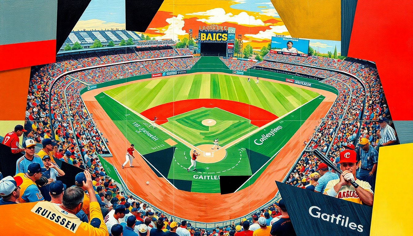 A fragmented, geometric painting depicting the various elements of a college baseball game - players, bats, baseballs, and the field - rendered in a cubist style with vibrant colors and sharp, overlapping planes.