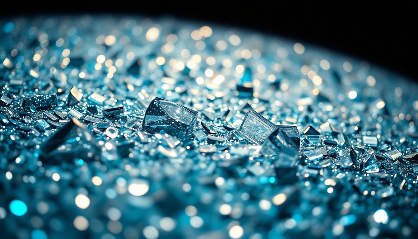 An abstract close-up photograph featuring a dramatic, high-contrast composition of glittering sequins and shattered disco glass, capturing the glamour and innovation of the creative industry.