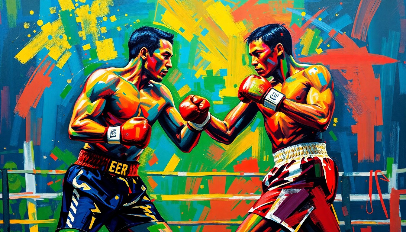 An abstract, expressionist painting in vibrant neon colors depicting the intense energy and movement of a boxing match, with dissolving, overlapping figures of two boxers.